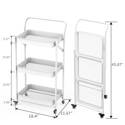 JAQ Foldable Rolling Cart, 3-Tier No Assembly Metal Utility Cart with Handle, Heavy Duty Folding Storage Trolley Organizer on Wheels for Kitchen, Office, Craft Art, Baby Diaper, Snacks, Books, White - color: White /3-tier
