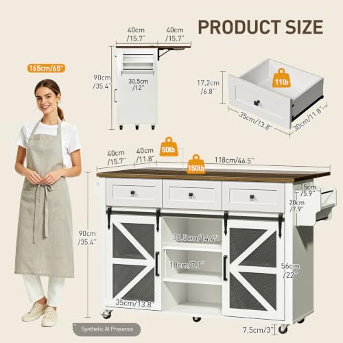 Kitchen Island with Storage, 55" Kitchen Cart with Charging Station, Rolling Kitchen Island Table with Drop-Leaf, 3 Drawers, Barn Doors, Towel Rack and Spice Rack, White and Walnut - color: White + Walnut