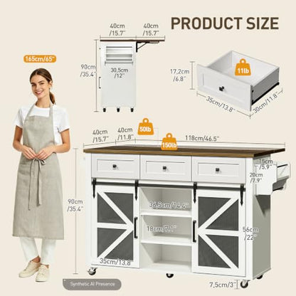 Kitchen Island with Storage, 55" Kitchen Cart with Charging Station, Rolling Kitchen Island Table with Drop-Leaf, 3 Drawers, Barn Doors, Towel Rack and Spice Rack, White and Walnut - color: White + Walnut