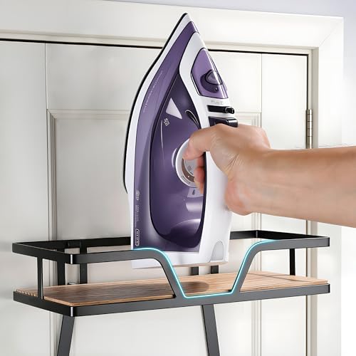 Ironing Board Holder Wall Mounted, 2-Layer Sturdy Iron and Ironing Board Hanger with Wood Shelf, Space Saving Laundry Room Organization for Iron, Board & Accessories - color: Matte Black-2 Layer