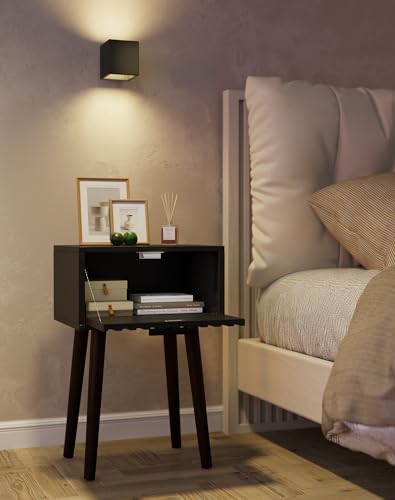 YMYNY Fluted Nightstand Set of 2, Small End Table, Modern Coffee Table with Drawer, Solid Wood Legs, Retaining Chain, 13.8" x 10.6" x 20.9", for Bedroom and Small Spaces, Black UHST014B-2 - color: Black