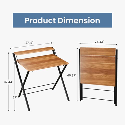 DUMOS Folding Desk with Shelf, No Assembly Computer Desk, Small Space Brown | Foldable Desk with Shelf Saves Space for Bedroom, Office and Dorm Use - color: Brown