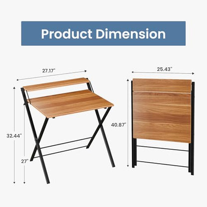 DUMOS Folding Desk with Shelf, No Assembly Computer Desk, Small Space Brown | Foldable Desk with Shelf Saves Space for Bedroom, Office and Dorm Use - color: Brown