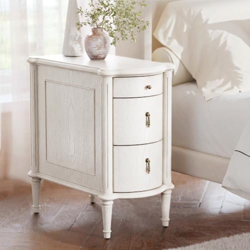STO'SENSE Nightstand w/Charging Station & 3 Drawers, Pre-Assembled, Vintage Side Table w/Antique-Finished Pulls, Rustic Wood Finish, Narrow End Table w/Turned Legs for Bedroom (1, Ivory White) - color: Ivory White