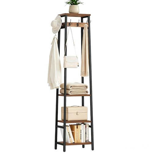 Coat Rack Freestanding, Coat Stand with 3 Shelves and 7 Hooks, Hall Tree Free Standing, Clothes Rack Stand Organizer, Industrial Style, Rustic Brown and Black - color: Rustic Brown and Black, style: 3 Shelves