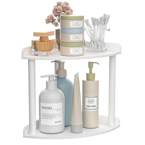 Sezanrpt 2 Tier Countertop Corner Organizer Shelf 7x7x8 Inch, White Acrylic Bathroom Vanity Storage Organizer Corner Shelf for Skincare, Cosmetics, Perfume - color: White, size: 7x7x8.3 Inch