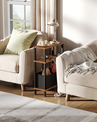 CHOEZON Narrow Side Table with Charging Station, Skinny End Table with Fabric Basket, Slim Nightstand for Small Spaces, Small Side Table, for Living Room, Bedroom, Rustic Brown and Black TBZ07UBF - color: Rustic Brown + Black