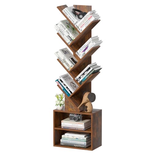 SHEEPAM 10 Tier Tree Bookshelf,Floor Standing Wood Tall Bookcase for Narrow Space, Storage Organizer Bookshelves for Books, Book Case for CDs/Movies/Books,Home Office,Living Room, Bedroom - color: Retro Brown, size: 10 Tier