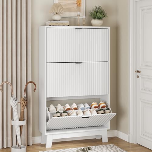 Xixini Shoe Cabinet with 3 Flip Drawers, 54" Tall Narrow Fluted Shoe Storage Organizer for Entryway, Hidden Slim Wooden Shoe Rack Cabinet for Front Door Entrance, Hallway, Living Room, Solid White - color: Solid White, size: 3 Flip Drawers