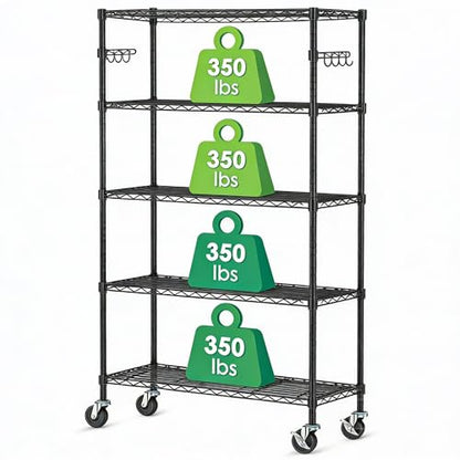 5 Tier Wire Metal Shelving Rack Garage Storage Rolling Shelves with Wheels | Heavy Duty Adjustable Industrial Shelve Steel Sturdy Utility Shelving for Kitchen Garage Pantry Bathroom Laundry - size: 5-Tier Metal Shelf（36L x 14W x 75H）