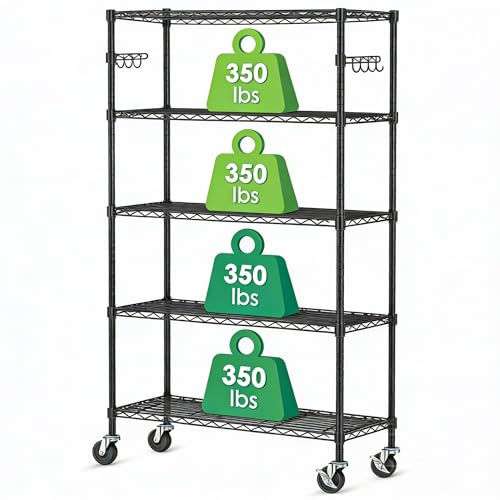 5 Tier Wire Metal Shelving Rack Garage Storage Rolling Shelves with Wheels | Heavy Duty Adjustable Industrial Shelve Steel Sturdy Utility Shelving for Kitchen Garage Pantry Bathroom Laundry - size: 5-Tier Metal Shelf（36L x 14W x 75H）