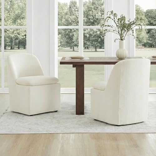 KISLOT Upholstered Dining Chairs Set of 2 with Casters, Modern Side Armless Deskchair with Washable Slipcover & Sturdy Metal Frame for Diningroom Bedroom Livingroom Reading Room, Beige Fabric - color: B Beige Fabric (Metal Frame), size: Set of 2