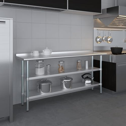 AmGood Stainless Steel Work Table with 1.5" Backsplash and 2 Shelves | Metal Kitchen Food Prep Table | NSF (72" Long x 18" Deep) - size: 72" Long x 18" Deep