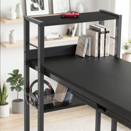 SHW 46-Inch Home Office Computer Desk w/Side Shelf & Drawer, Black | w/ Reversible Adjustable Shelf | Drawer with adjustable compartments - color: Black