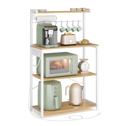 VASAGLE BARNET Collection - Kitchen Bakers Rack with Power Outlet, 31.5-Inch Wide Coffee Bar 4-Tier with 8 S Hooks, Modern Microwave Stand, Adjustable Shelf, Golden Oak and Cloud White UKKS029YA01 - color: Golden Oak + Cloud White, size: 31.5"W
