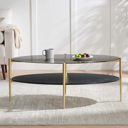 LumFurn Oval Glass Coffee Table, Mid-Century Modern Design, L43 x W22 x H17 inch, Surfboard Shaped Grey Glass Top and Black Marble Finish Wood Shelf, Tapered Legs with Gold Finish Frame - color: Grey & Black Marble, size: L43" Surfboard Coffee Table