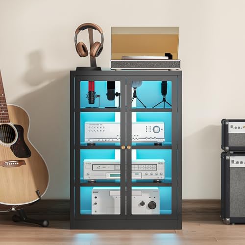 Metal Media Cabinet with 13-Color LED Lights, Stereo Cabinet with Glass Doors & Adjustable Shelves Audio AV Rack with Cable Management, Black - color: Black, style: FloorSeal + RGB Lights