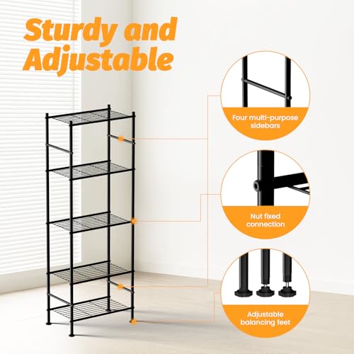 Abiglifty Storage Shelves, 5 Tier Metal Shelf Organizer, Garage Shelving with Adjustable Leveling Feet, Shelves Organizer for Bathroom, Closet, Garage, 18" x 12" x 57", Black - size: 5 Tier