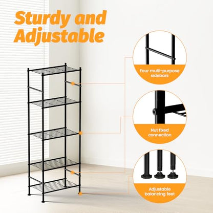Abiglifty Storage Shelves, 5 Tier Metal Shelf Organizer, Garage Shelving with Adjustable Leveling Feet, Shelves Organizer for Bathroom, Closet, Garage, 18" x 12" x 57", Black - size: 5 Tier