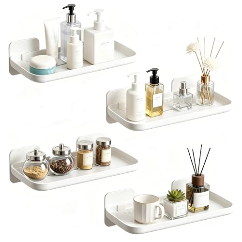 4 Pack Floating Shelves for Wall, Self Adhesive Small Shelf, No Drill Adhesive Wall Shelf, Floating Shelves Damage-Free Expand Walls Space for Living Room Kitchen Bathroom (White) - color: White