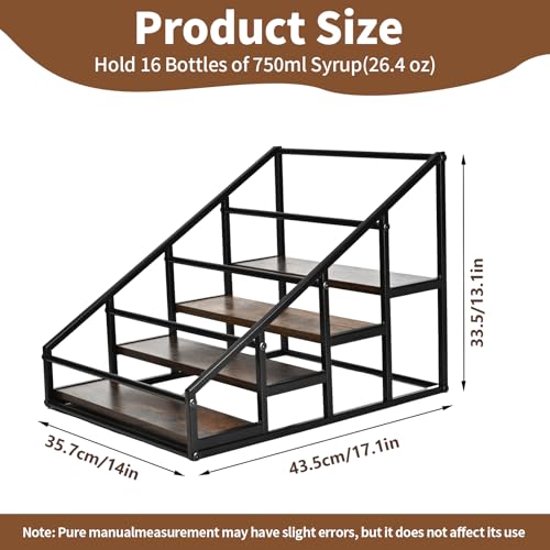 YQBRAO 4-Tier Coffee Syrup Organizer, 16-Bottle Rack, Rustic Brown | Holds up to 16 bottles with stepped visibility; rustic wood and metal design for syrups, kitchens, and home coffee bars. - size: 4 Tier 16 Bottle Syrup Rack - 1 Pack