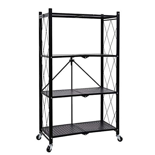 4-Tier Heavy Duty Foldable Metal Rack Storage Shelving Unit with Wheels Moving Easily Organizer Shelves Great for Garage Kitchen, Black - size: 4-Tier