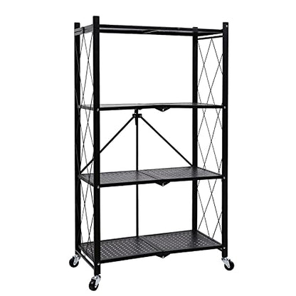 4-Tier Heavy Duty Foldable Metal Rack Storage Shelving Unit with Wheels Moving Easily Organizer Shelves Great for Garage Kitchen, Black - size: 4-Tier