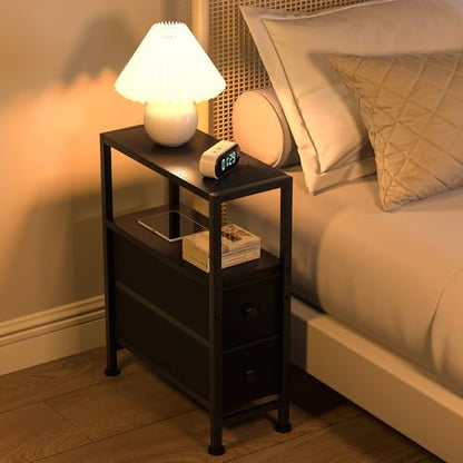 Small Narrow Side Table with Drawers, Skinny End Table for Small Spaces, Slim Nightstand with Storage, Sofa Bedside Table in Living Room, Bedroom, Study, Kitchen and Balcony (Black) - color: Black