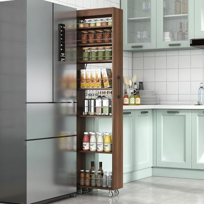 7 Tier Slim Rolling Storage Cart, 68.35" Tall Narrow Pull Out Pantry Organizer Shelves for Kitchen Laundry Bathroom, Space Saving Mobile Utility Cart with Wheels & Handle, Walnut - color: Walnut
