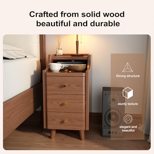 Solid Wood Narrow Nightstand with Drawers,Walnut Nightstand Wood Bedside Table Modern for Bedroom,Study,Toilet - color: Walnut, size: 15.75"D x 11.81"W x 23.62"H(3 Drawers)