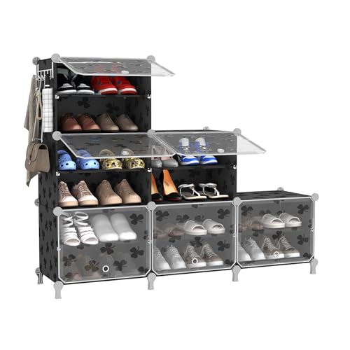 UNKU 6 Tier Shoe Rack, 24 Pair Shoe Storage Cabinet, Black | Plastic Shoe Shelves Organizer for Closet Bedroom Entryway - color: Black, size: 6x2