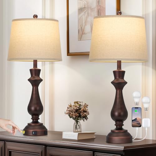 Touch Lamps for Night Stands Set of 2-29.5" Tall Bedside Lamp with USB C+A, 3 Way Dimmable Bedroom Lamps, Vintage Brown Table Lamps for Living Room - color: Brown