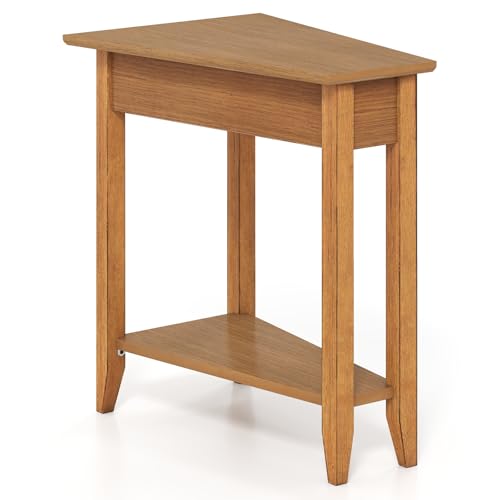 Giantex Wedge End Table, Triangle Side Table with Storage Shelf and Solid Wood Legs, 24.5" Tall Nightstand, Modern Narrow Accent Recliner Table for Small Space Living Room, Walnut - color: Light Walnut