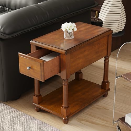 Narrow End Table with Drawer and Storage Shelf, Solid Wood Sofa Side Tables, Slim Beside Table-, Telephone for Small Spaces, Living Room, 22"L x 13"W x 22.7"H No-tools Assembly Caramel Brown BBJ004DR - color: Caramel Brown