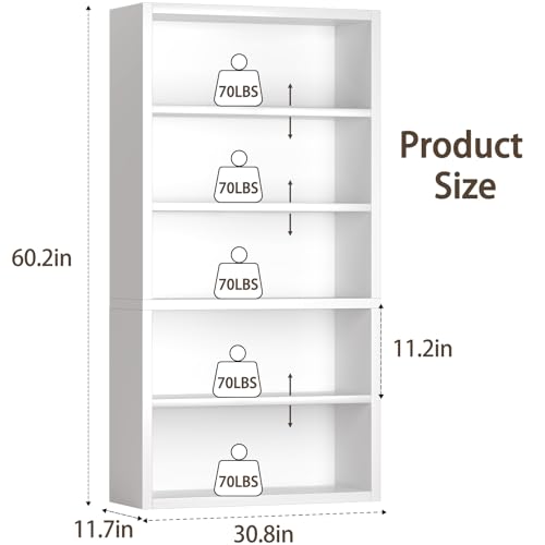 furtble 5 Tier Bookshelf with Open Storage Shelf, 60 Inch Tall Wooden Bookcase, Sturdy Modern Display Storage Shelf for Living Room, Home Office, Study, White - size: 5-Tier-30.7W