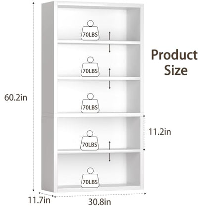 furtble 5 Tier Bookshelf with Open Storage Shelf, 60 Inch Tall Wooden Bookcase, Sturdy Modern Display Storage Shelf for Living Room, Home Office, Study, White - size: 5-Tier-30.7W