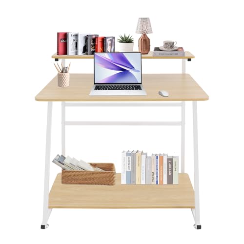 3 Tiers Rolling Computer Desk, 31.5 Inch Home Office Desk with 4 Wheels & 4 Foot Pads, Mobile Small Computer Desk, Student Study Table for Small Space Bedroom (White+Log Color) - color: White+log Color