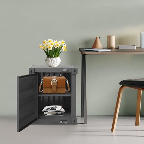 Industrial Style Container Cabinet, Iron Bedside Table with Lock, Shipping Container Style End Table, Wrought Iron Container Side Table for Living Room Bedroom Office (Black) - color: Black