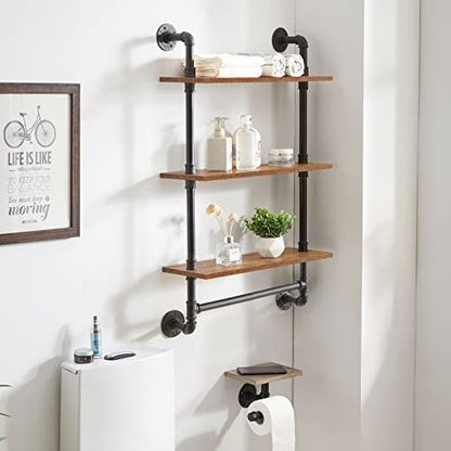 IBUYKE 3-Tiers Industrial Pipe Shelves with Towel Bar RF-TM015 | Rustic Wall Mount Bookcase,Metal Bracket Storage Wall Shelf for Bedroom, Kitchen - size: 3 Tier with Tower Bar