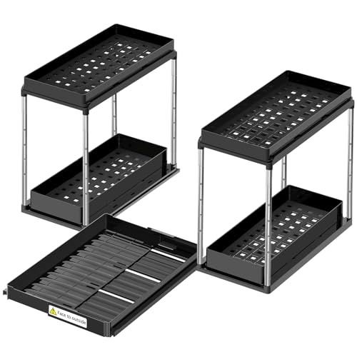 NIUXX Expandable Under Sink Organizer: 2 Tier Height Adjustable Under Cabinet Organizer - Double Pull Out Shelf Under Sink Storage for Kitchen - Bathroom and Laundry Room - Space Saving - size: 27.9"L x 15.51"W-Height adjustable