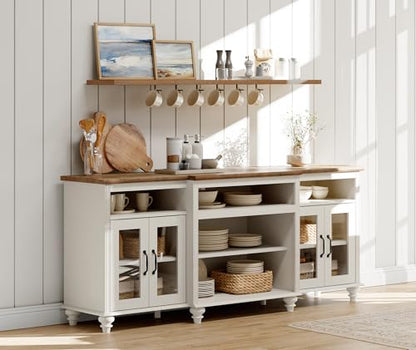 WAMAPT Buffet Cabinet with 4 Glass Doors, Large Coffee Bar Tables Wood Kitchen Storage Cabinets with 9 Storages, Modern Farmhouse Sideboard Credenza, Antique White, 70 inch - color: White