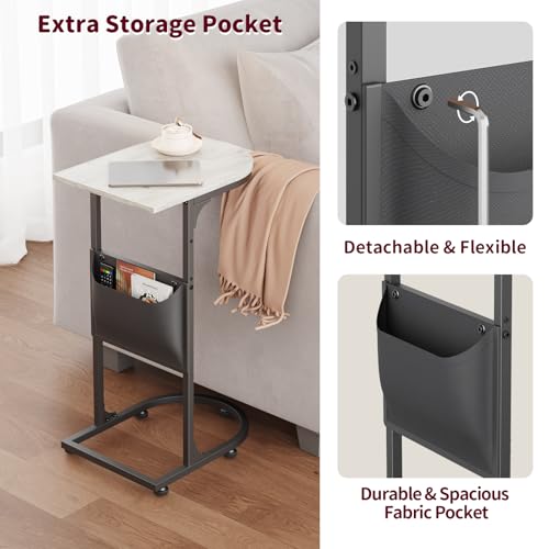 C Shaped End Table, Slide Under Small Side Table for Couch & Small Spaces | Wobble-Free C Table For Sofa, Greige, Storage Bag, Sturdy Metal Frame, Wood Top, Living Room & Bedroom, 15-Min Quick Assembly - color: Classic Greige