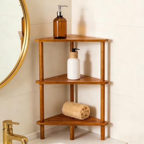 Yoshiky 3-Tier Free Standing Corner Shower Caddy, Bamboo Wood Bathroom Shower Shelf for Inside Shower Organizer & Storage Foot Rest Shower Stool - color: Bamboo