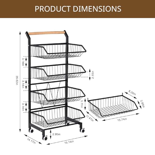 4-Tier Rolling Storage Cart with Wheels, Adjustable Metal Fruit & Vegetable Basket Organizer with Wood Handle, Mesh Wire Utility Rack for Kitchen, Pantry, Bathroom, Black