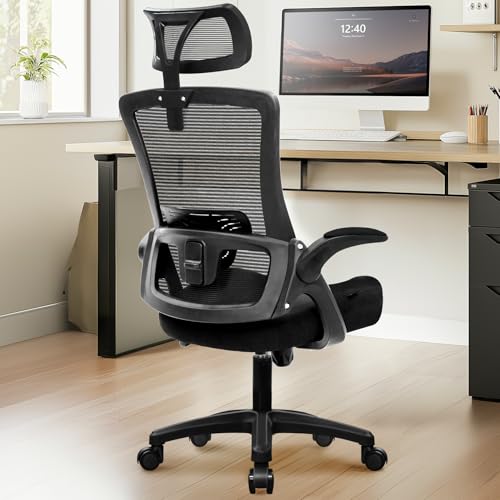 NEO CHAIR Office Desk Chair Gaming Computer High Back Support Mesh Comfy Seat with Adjustable Ergonomic Headrest Lumbar Rolling Flip-up Armrests and Wheels (Black) - color: Black