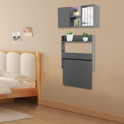 Wall Mounted Bookshelf with Moveable Cabinets, Multifunctional Folding Floating Desk, Fold Down Laptop Table with Storage Shelves for Bedroom Study Room Space Saving Small Space Garage (Grey) - color: Grey