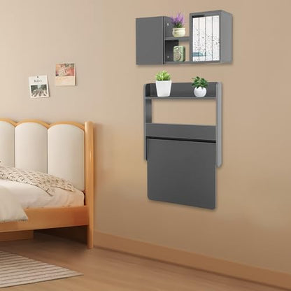 Wall Mounted Bookshelf with Moveable Cabinets, Multifunctional Folding Floating Desk, Fold Down Laptop Table with Storage Shelves for Bedroom Study Room Space Saving Small Space Garage (Grey) - color: Grey