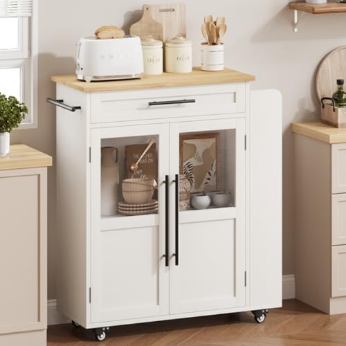 IDEALHOUSE 24" Kitchen Island with Glass Cabinet Door - White & Natural Wood Coffee Bar Station with Spice Racks for Dining Room - color: Natural, size: 23.6"