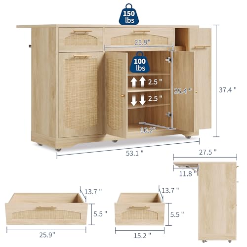 IDEALHOUSE 53.1" Rattan Kitchen Island with Storage, Rolling Dining Cart with Trash Storage Cabinet, Mobile Island Cart with Drop Leaf, Adjustable Shelves, Drawer, 5 Wheels (Natural) - color: Natural
