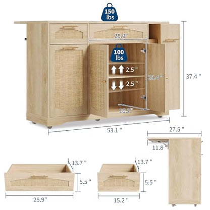 IDEALHOUSE 53.1" Rattan Kitchen Island with Storage, Rolling Dining Cart with Trash Storage Cabinet, Mobile Island Cart with Drop Leaf, Adjustable Shelves, Drawer, 5 Wheels (Natural) - color: Natural